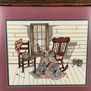 Framed Cross-Stitch Country Porch Scene With Rocking Chair & Quilt